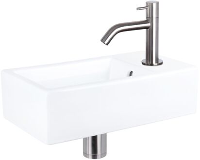 Differnz Fonteinset Force Keramiek Gebogen Kraan Mat Chroom Wit, Zilver