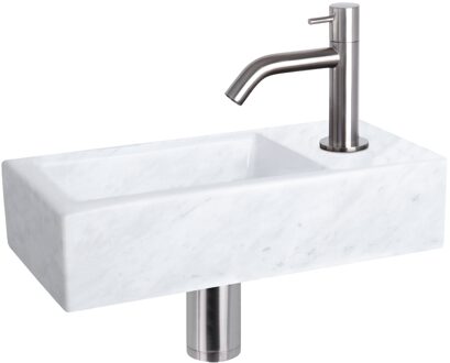 Differnz Fonteinset Helios Marmer Gebogen Kraan Mat Chroom Wit, Zilver