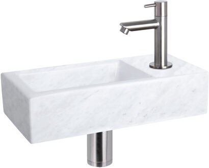 Differnz Fonteinset Helios Marmer Rechte Kraan Mat Chroom Wit, Zilver