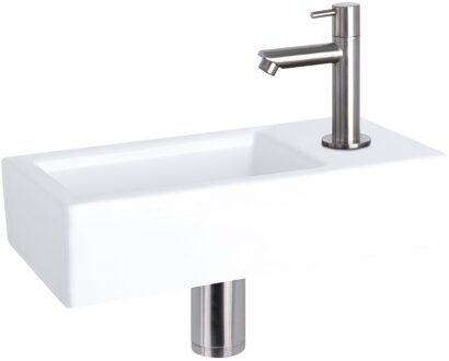 Differnz Fonteinset Ravo Keramiek Rechte Kraan Mat Chroom Wit, Zilver