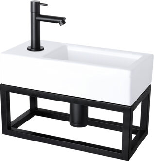 Differnz Helios fonteinset - 37.5x18.5x9.5cm - Rechthoek - 1 kraangat links - Recht matte zwarte kraan - met zwart frame - Keramiek Wit 38.010.43
