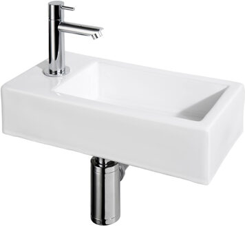 Differnz Helios Fonteinset – Wasbak Wit Keramiek - Kraan Chroom Links - 37.5x18x9.5 cm