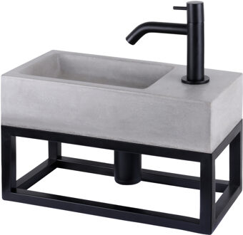 Differnz Jukon - Fonteinset beton donkergrijs - Kraan gebogen mat zwart - Met handdoekrek - 38.5 x 18.5 x 9 cm