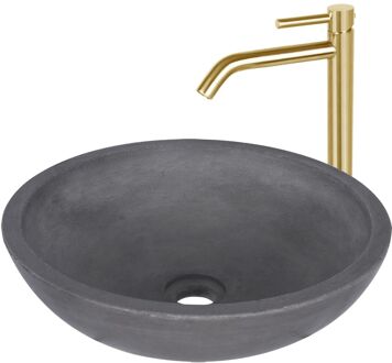 Differnz Waskomset Differnz Ravano Beton 40x12 cm Antraciet met Hoge Wastafelkraan Mat Goud