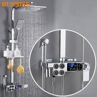 Digital Shower Set Polished Chrome Bathroom Shower Mixer Set Luxury Thermostatic Shower System Solid Brass Digital Shower Sets