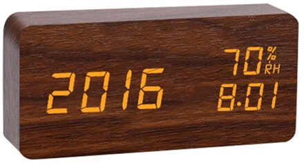 Digitale Led Houten Wekker 3 Helderheid Voice Control Temperatuur Vochtigheid Voor Thuis Slaapkamer Kantoor bruin