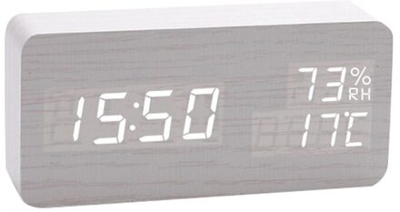 Digitale Led Houten Wekker 3 Helderheid Voice Control Temperatuur Vochtigheid Voor Thuis Slaapkamer Kantoor wit