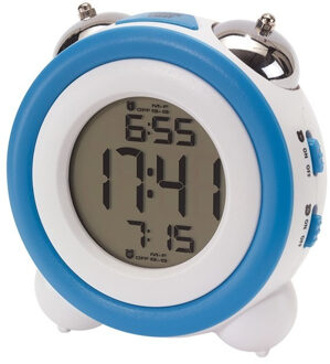 Digitale retro wekker/alarm klok - wit/blauw - met licht - snoozefunctie - en twee instelbare tijden