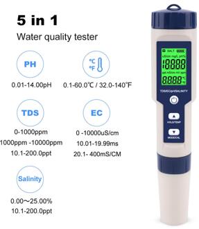 Digitale Water Tester 5 In 1 Ph/Tds/Ec/Zoutgehalte/Temperatuur Tester Pen Waterdichte Multi-functie Meter Voor Aquarium Zwembad Backlight