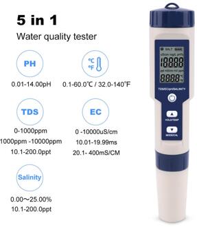 Digitale Water Tester 5 In 1 Ph/Tds/Ec/Zoutgehalte/Temperatuur Tester Pen Waterdichte Multi-functie Meter Voor Aquarium Zwembad nee backlight