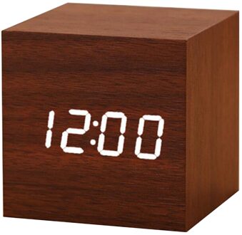 Digitale Wekker Led Houten Horloge Tafel Klok Voice Control Hout Elektronische Bureau Klokken Met Dag Datum Temperatuur Vochtigheid bruin