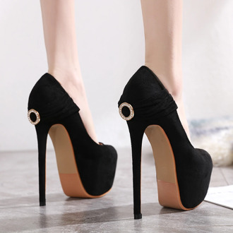 DiJiGirls 16 cm Thin Heel stiletto Shoes Women Black Platform Slip-On Pumps High Heel Rhinestone Flock Shoes Dress Party Heels