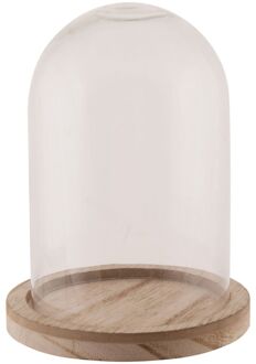 Dijk Natural Collections stolp - glas - houten bruin plateau - D12 x H13 cm - Decoratieve stolpen Transparant