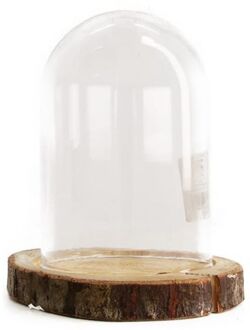 Dijk Natural Collections stolp - glas - houten bruin plateau - D13 x H17,5 cm - Decoratieve stolpen Transparant