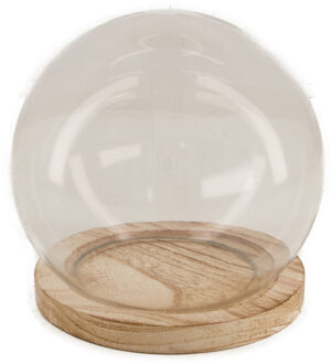 Dijk Natural Collections stolp - glas - houten bruin plateau - D14,5 x H15 cm - Decoratieve stolpen Transparant