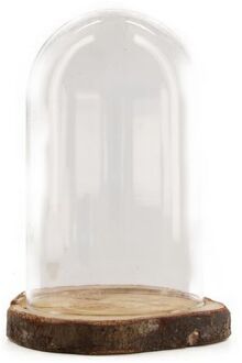 Dijk Natural Collections stolp - glas - houten bruin plateau - D17 x H22 cm - Decoratieve stolpen Transparant