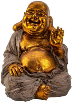 Dikke Happy Boeddha beeldje zittend - binnen/buiten - kunststeen - grijs/goud - 33 x 25 cm