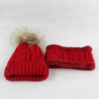 Dikke warmer fleece voering winter muts sjaal set effen kabel gebreide beanie Bib voor baby meisje herfst kids cap hals ring sets Bordeauxrood