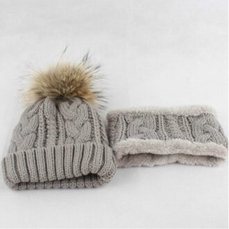 Dikke warmer fleece voering winter muts sjaal set effen kabel gebreide beanie Bib voor baby meisje herfst kids cap hals ring sets Grijs