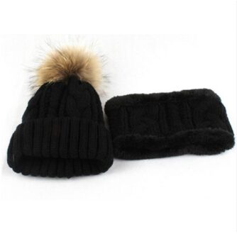 Dikke warmer fleece voering winter muts sjaal set effen kabel gebreide beanie Bib voor baby meisje herfst kids cap hals ring sets zwart