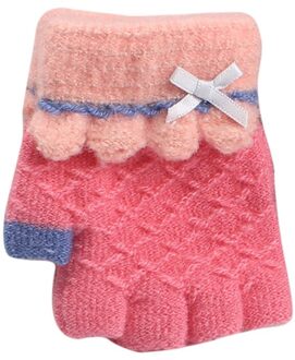 Dikke Winter Bownot Patchwork Kids Handschoenen Kinderen Half Vinger Cartoon Warme Gebreide Handschoenen Kinderen Handschoenen Перчатки Детские Roze