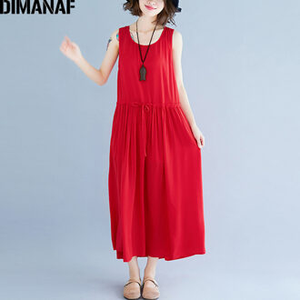 DIMANAF Plus Size Vrouwen Jurk Zomer Mouwloze Zonnejurk Katoen Vrouwelijke Kleding Lady Vestidos Geplooide Losse Casual Solid Red