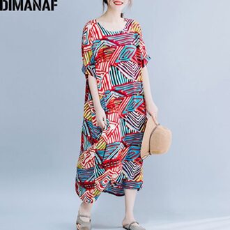 DIMANAF Plus Size Vrouwen Strand Jurk Big Size Katoen Vrouwelijke Vestidos Zonnejurk Zomer Batwing Print Patchwork Losse Dame Jurk 5XL 4XL