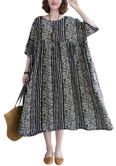 Dimanaf Plus Size Zomer Jurk Vintage Vrouwen Vestidos Zonnejurk Beach Bloemen Print Zwarte Lange Jurk Losse Oversized 4XL 5XL