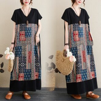 Dimanaf Plus Size Zomer Jurk Vrouwen Patchwork Zonnejurk Retro V-hals Bohemian Gestreepte Linnen Jurk Oversized Losse Casual 4XL