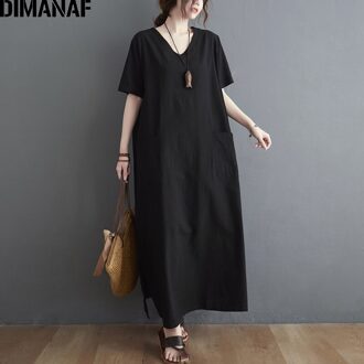 Dimanaf Plus Size Zomer Vrouwen Jurk Vintage Dame Vestido Lange Jurk Oversize Katoen Zonnejurk Losse Casual Kleding 4XL 5XL YunzhongS6385-hei
