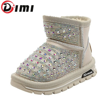 DIMI Winter Children Boy Girl Snow Boots Shiny Rhinestones Microfiber Leather Waterproof Non-slip Warm Plush Kids Boots Shoes