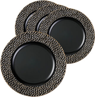 Diner/kerstdiner onderborden - 4x st - zwart met goud - kunststof - D33 cm - rond