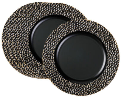 Diner/kerstdiner onderborden - 6x st - zwart met goud - kunststof - D33 cm - rond