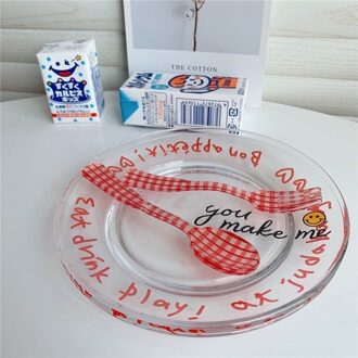 Diner Plaat Glas Diner Gerechten Met Lepel En Vork Dessert Lade Brief Gedrukt Dessertbord Brood Plaat Keuken Servies B met lepel vork