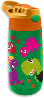 Dino World Crazy Dino drinkfles/drinkbeker/bidon met drinktuitje - groen - RVS - 400 ml