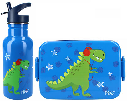 Dino World Crazy Dino lunchbox set voor kinderen - 2-delig - blauw - kunststof/rvs - Lunchboxen