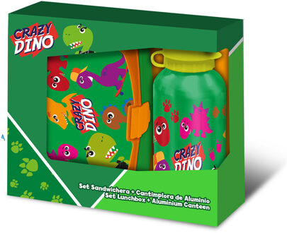 Dino World Crazy Dino lunchbox set voor kinderen - 2-delig - groen - aluminium/kunststof - Lunchboxen