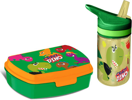 Dino World Crazy Dino lunchbox set voor kinderen - 2-delig - groen - kunststof - Lunchboxen