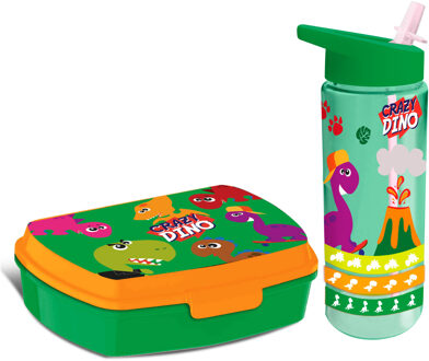 Dino World Crazy Dino lunchbox set voor kinderen - 2-delig - groen - kunststof - Lunchboxen