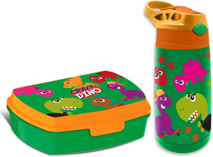 Dino World Crazy Dino lunchbox set voor kinderen - 2-delig - groen - kunststof/rvs - Lunchboxen