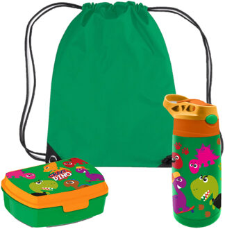 Dino World Crazy Dino lunchbox set voor kinderen - 3-delig - groen - kunststof - incl. gymtas/schooltas - Lunchboxen