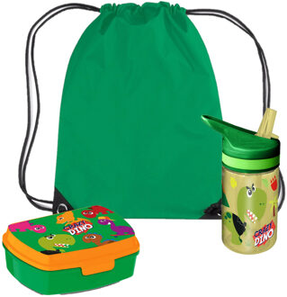 Dino World Crazy Dino lunchbox set voor kinderen - 3-delig - groen - kunststof - incl. gymtas/schooltas - Lunchboxen