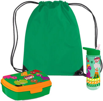 Dino World Crazy Dino lunchbox set voor kinderen - 3-delig - groen - kunststof - incl. gymtas/schooltas - Lunchboxen