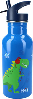 Dino World Pret Dino drinkfles/drinkbeker/bidon met drinktuitje - blauw - RVS - 500 ml - Schoolbekers