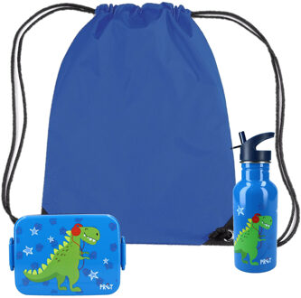 Dino World Pret Dino lunchbox set voor kinderen - 3-delig - blauw - kunststof/rvs - incl. gymtas/schooltas