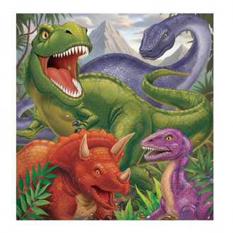 Dinosaurus dieren thema - tafel servetten - 33 x 33 cm - 16x stuks - papier - wegwerp Multi