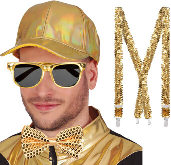 Disco/gabber Verkleedset - bretels/bril/strik en cap - goud - Carnaval/70's/80's - themafeest
