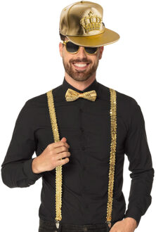 Disco/gabber Verkleedset - bretels/bril/strik en cap - goud - Carnaval/70's/80's - themafeest