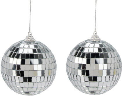 Disco kerstbal - 2x - zilver - D7,5 cm - foam - spiegelbol - discobol - kerstversiering