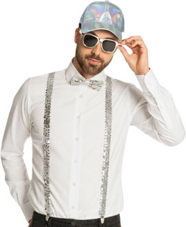 Disco/thema verkleed set - Disco pet/bretels/party bril/vlinderstrik - glitter zilver - volwassenen